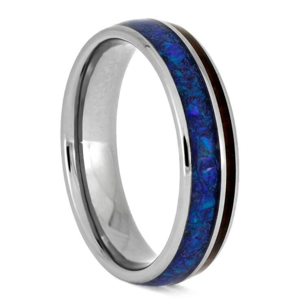   Synthetic Opal With Snakewood 5mm Titanium Comfort-Fit Wedding Band